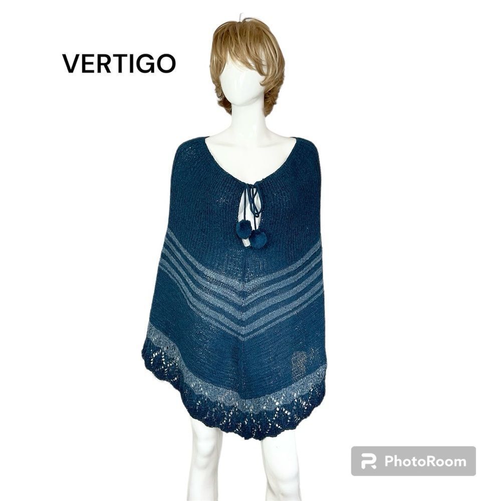 New VERTIGO Blue Crochet KnitโSweater Poncho With Pom Pom Drawstring S